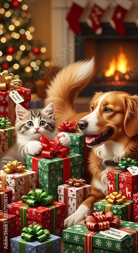 Festive Holiday Scene - Cat and Dog Surrounded by Christmas Gifts.