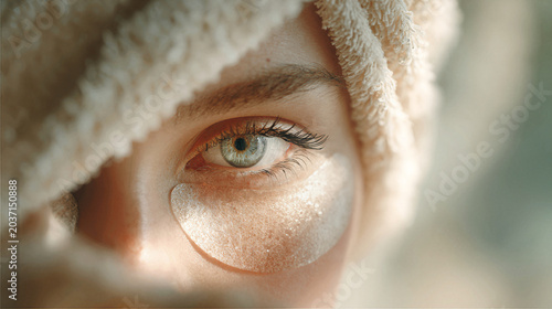Close up of a woman's eye with under-eye patches and a towel on her head