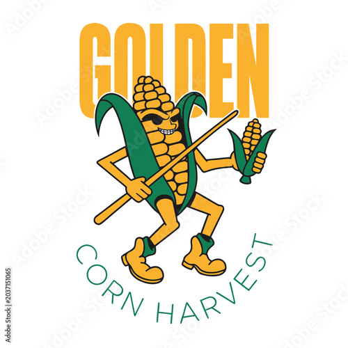 A cartoon illustration of a corn cob character with sunglasses and a hat, holding a stick and a mini corn cob.