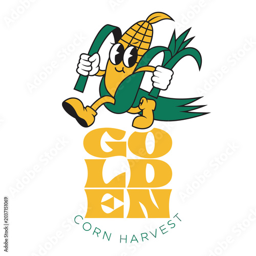 A cartoon illustration of a smiling corn cob with eyes and hands, wearing a green husk, jumping cheerfully above the word 