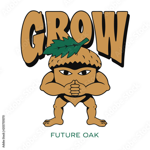A cartoon illustration of an acorn character with arms crossed and a determined expression, with a leaf on its head.