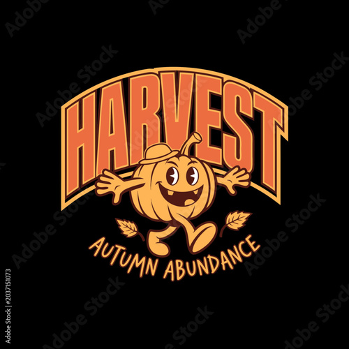 A happy pumpkin character in a hat, walking cheerfully with autumn leaves, under an arched 