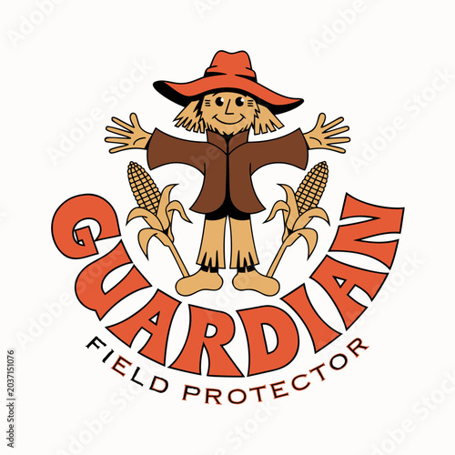 A cheerful scarecrow character with a hat and corn cobs on each side, above 
