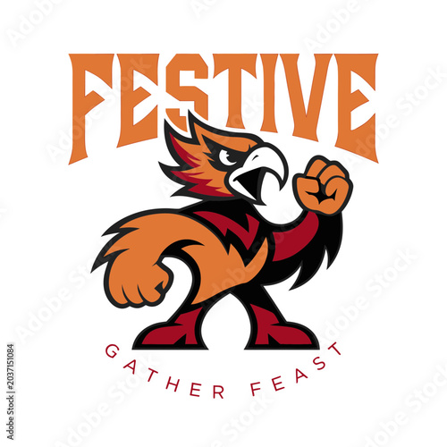 Stylized hawk mascot with fist raised, symbolizing festive celebration and gathering for feast.