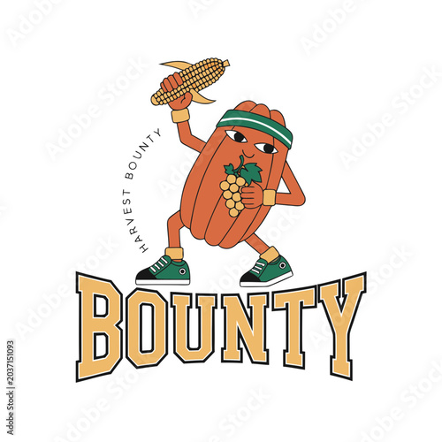 Energetic pumpkin character holding corn and grapes, representing bounty and harvest season bounty.