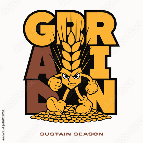 Grain grind illustration featuring stylized wheat stalk character with angry expression standing on wheat pile with bold typography text.