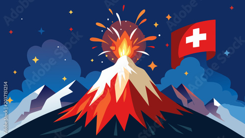Tableau sur toile Erupting volcano with Swiss flag at night, mountain landscape with stars and clo