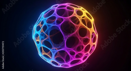 Glowing Neon Sphere with Intricate Cellular Structure on Black Background.