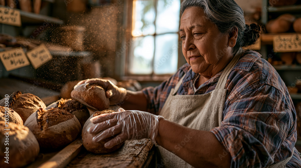 Obraz premium Elderly Caucasian woman baker sorting fresh bread loaves on wooden tray in bakery