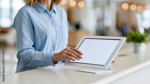 Woman Using Tablet at Counter