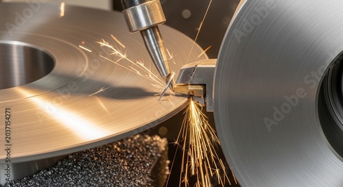 Close-up of a metal grinding machine creating sparks during industrial manufacturing process.