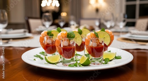 Elegant shrimp cocktail appetizers served in shot glasses with lime
