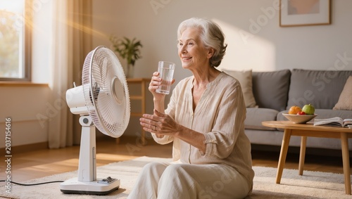 Elderly Person Cooling Down with Fan During Summer Heatwave