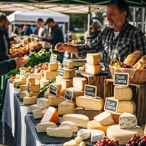 Farmers Market Cheese Display with Vendor and Customers.