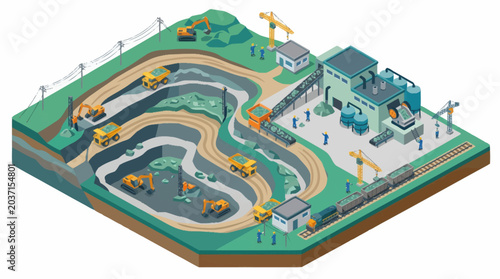 Foto Open pit mine with heavy machinery and processing plant isometric view