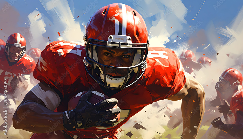 Obraz premium American football player in red jersey running with ball, action sport background, intense game focus