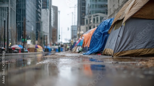 Homeless encampment with tents on a city street