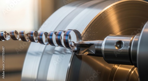 Close-up of a metal lathe cutting a spiral shaving from a workpiece in a factory setting.