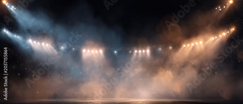 Spotlights illuminating a smoky arena