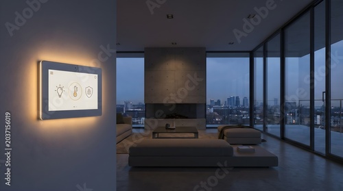 Smart home control panel mounted on wall in modern luxury apartment at night.