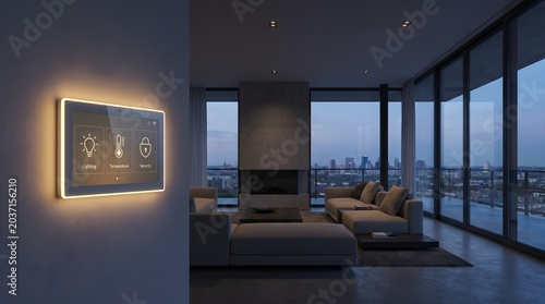 Smart home control panel on wall in modern luxury apartment living room at night.