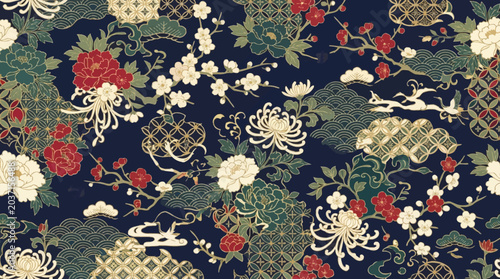 Cuadro en lienzo Elegant kimono inspired seamless pattern, floral Japanese ornaments and oriental