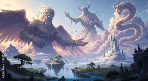Mythological colossal figures among floating islands and ethereal clouds