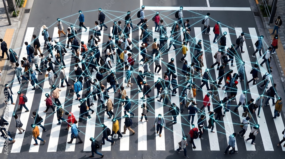 Obraz premium People Network Connection Concept with Crowded Pedestrians Crossing Crosswalk
