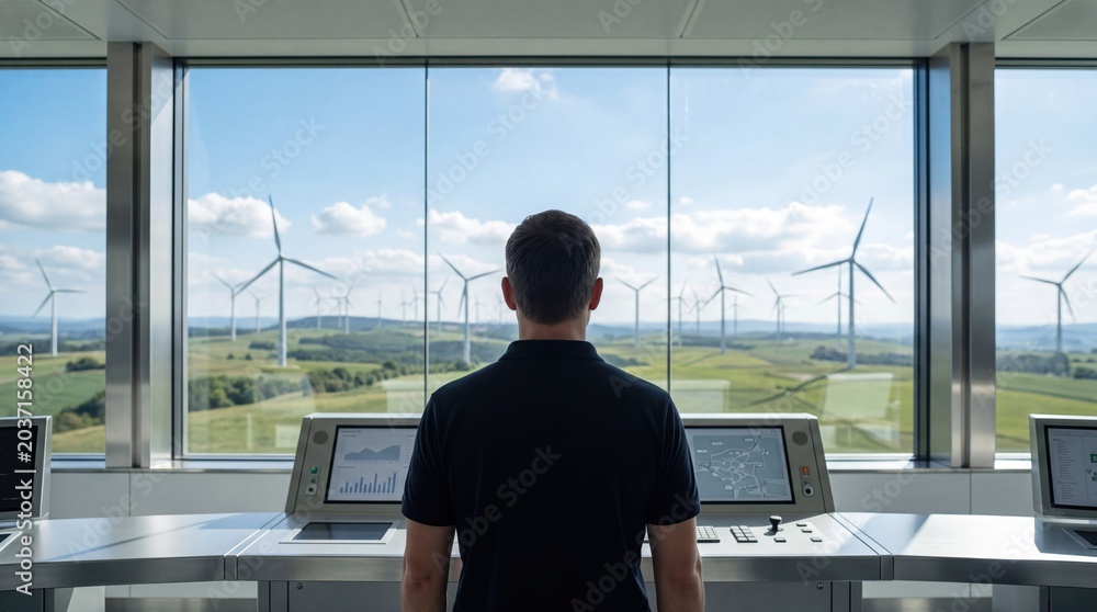 Fototapeta premium Engineer monitoring renewable energy wind farm from high-tech control room, viewing turbine performance on screens while looking at landscape through window, sustainable power