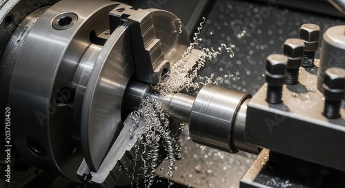Close-up of a metal lathe in operation, cutting metal and producing shavings.
