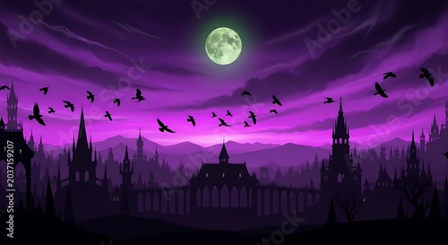 Gothic city silhouette under a purple night sky with full moon