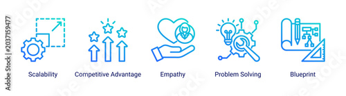 Growth Planning icon set featuring scalability,problem solving,and competitive advantage vector concepts for business expansion strategy.