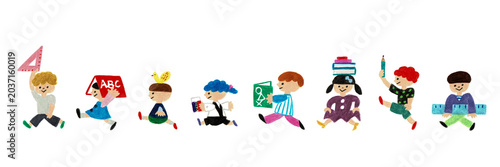 Konstfotografi 学校の文房具や本を持つ可愛い子供たちのイラスト素材セット