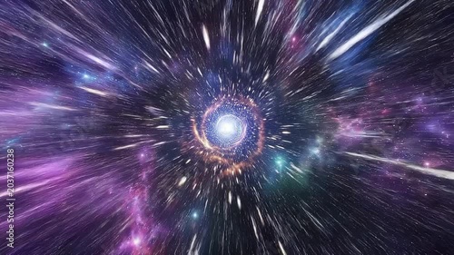 First person hyperspeed flight through tunnel concept. Cosmic space warp tunnel with colorful galaxy stars and bright light in deep universe