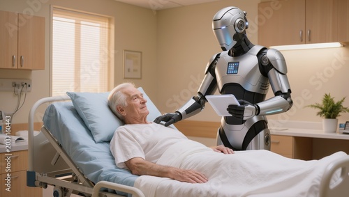 Title: Humanoid Robot Doctor Caring for Elderly Person in Hospital