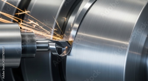 Close-up of a metal lathe machine in operation, creating sparks during metalworking.