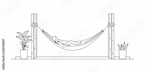 Line drawing of a person relaxing in a hammock between two posts