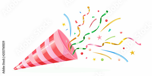 Foto Striped party popper shooting confetti vector illustration on white background