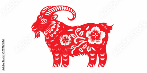 Foto Red Goat Ram Silhouette With Floral Ornamentation White Background