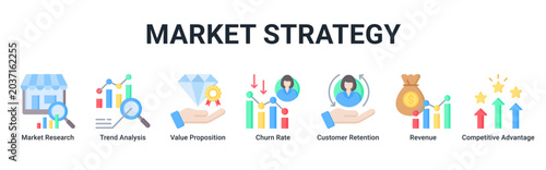 Schilderij op canvas Market Strategy web banner icon vector illustration with Market Research, Trend