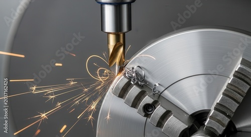 Close-up of a metal lathe with a drill bit creating sparks during metalworking.