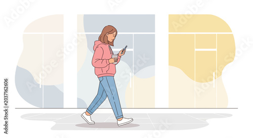 Young Woman Walking with Coffee and Phone on Sidewalk