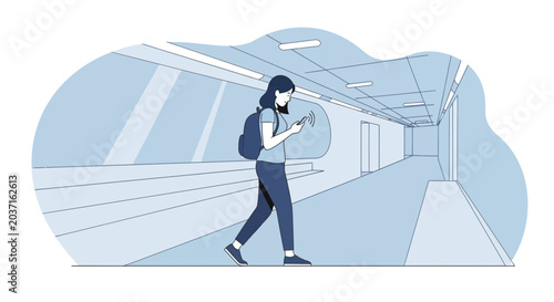 Young woman with backpack walking in modern subway station, looking at phone
