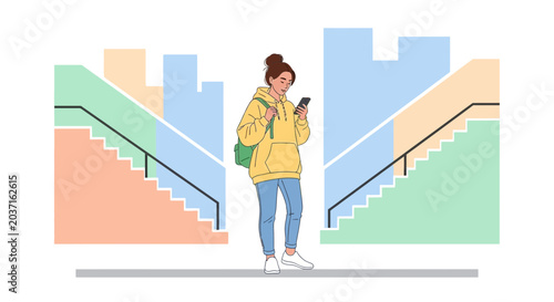 Young woman with backpack looking at phone, standing between colorful modern stairs