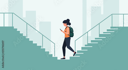 Young woman with backpack walking down stairs while looking at her phone