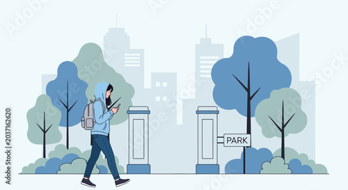 Young woman with backpack walking in park, looking at phone, city skyline background