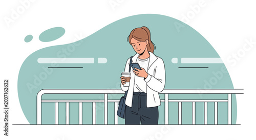 Young woman with coffee and smartphone on a balcony, modern illustration