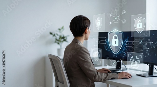 Businesswoman sitting at desk monitoring cybersecurity dashboard with floating shields, locks, fingerprints, and network nodes illustrating advanced digital security systems and