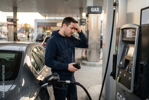 Fuel prices hike concept with stressed man holding wallet at fuel pump