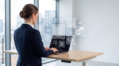 Businesswoman working on laptop with artificial intelligence, neural network and data analytics interface in modern office.